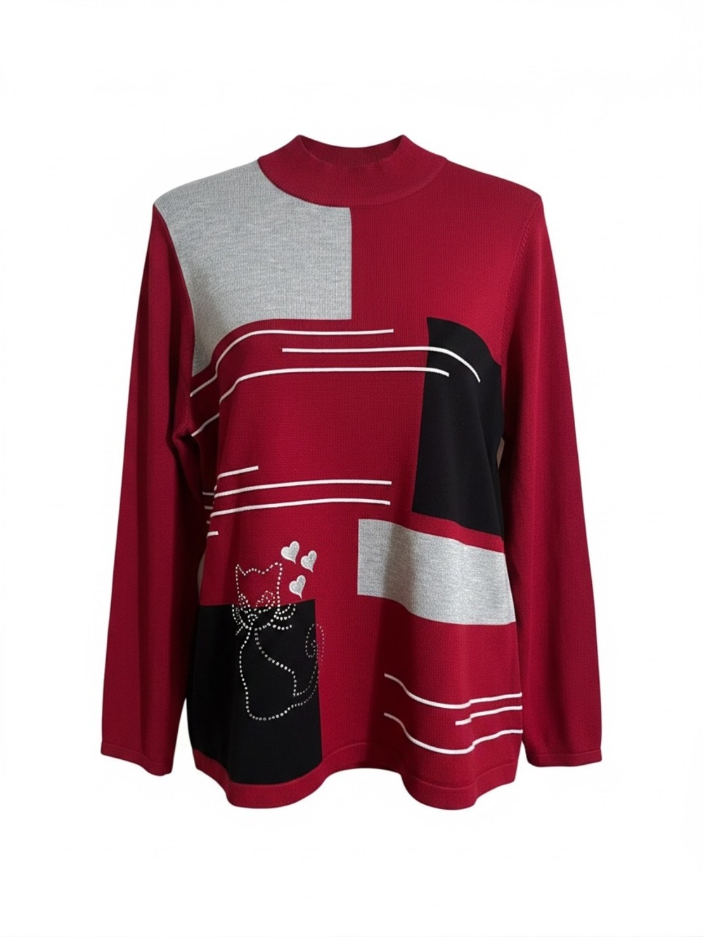 Emotions Red sweater with cat pattern and round neck. XL